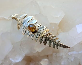 Medium size Fern Leaf Sterling Silver Pendant with Dark Yellow Tourmaline, Nature Jewellery, Forest Inspiration, Witchy Necklace, Elfcore