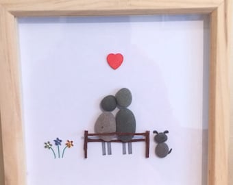 Pebble art couple, pebble art, pebble picture, Couple and dog, Framed pebble art, Couples gift, Lovers pebble art, Friend gift, unique gift