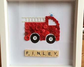 button art, button picture, fire engine, unique gift, handcrafted item, christmas gift idea, personalised gift, birthday gift,