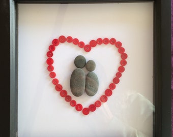 valentines day gift, birthday gift, anniversary gift, button art, pebble art, pebble couple in button heart, unique gift, handcrafted item