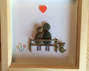 pebble picture, pebble art, couple with dog, christmas gift idea, unique gift, friend gift, family gift