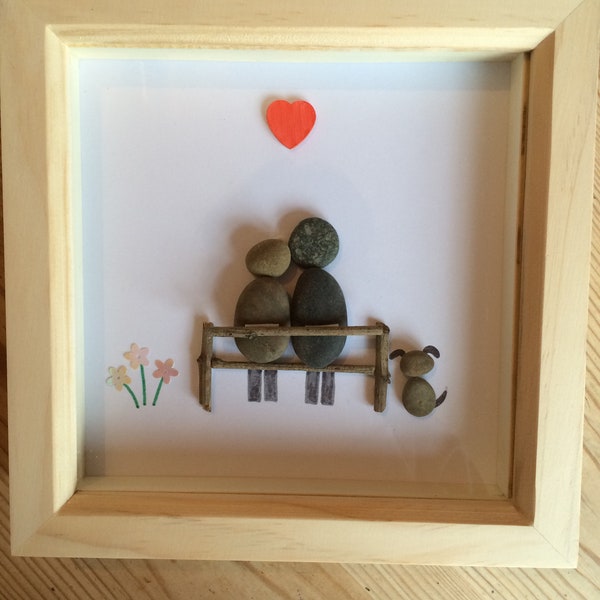 pebble picture, pebble art, couple with dog, christmas gift idea, unique gift, friend gift, family gift