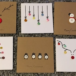 Packung mit 6 handgefertigten Weihnachtskarten, Kugeln, Weihnachtsbaum, Rentier, Schneemann, Pinguine, Knopfkarten, einzigartiges Geschenk, handgemachter Artikel