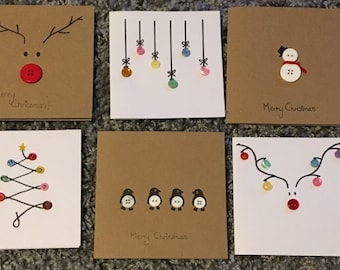 Pack of 6 handmade Christmas cards, baubles, Christmas tree, reindeer, snowman, penguins, button cards, unique gift, handmade item