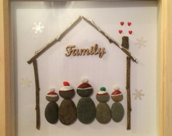 Pebble Art, christmas family picture, christmas gift, pebble picture, family gift, unique gift