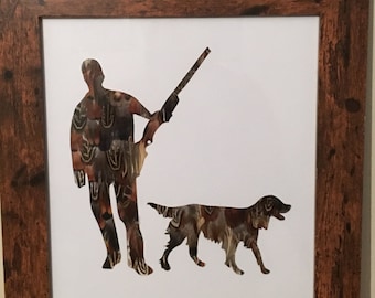 pheasant feather picture, country home decor, country gift, shooting picture, man and dog, country picture, unique gift, handcrafted item