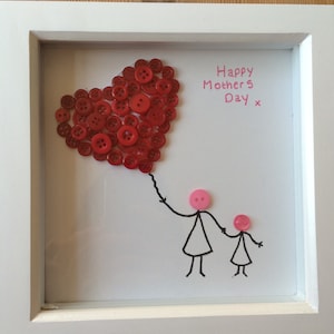Handcrafted Button Art: Mother & Child Heart Balloon - Framed