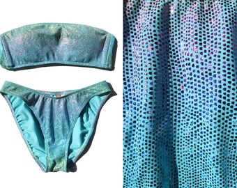 90s Vintage Rainbow Shimmer Bandeau Top Bikini with High Cut Bottoms Sz L