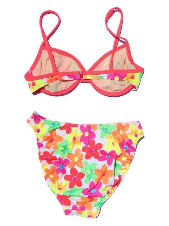 90s Vintage Neon Daisy Flower Bikini with High Cut Bo… Gem