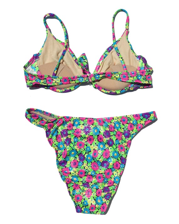 90s Vintage Neon Daisy Bikini with High Cut Botto… - image 5