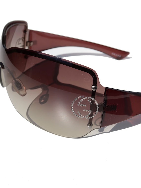Y2K Brown Gucci Rhinestone Shield Sunglasses