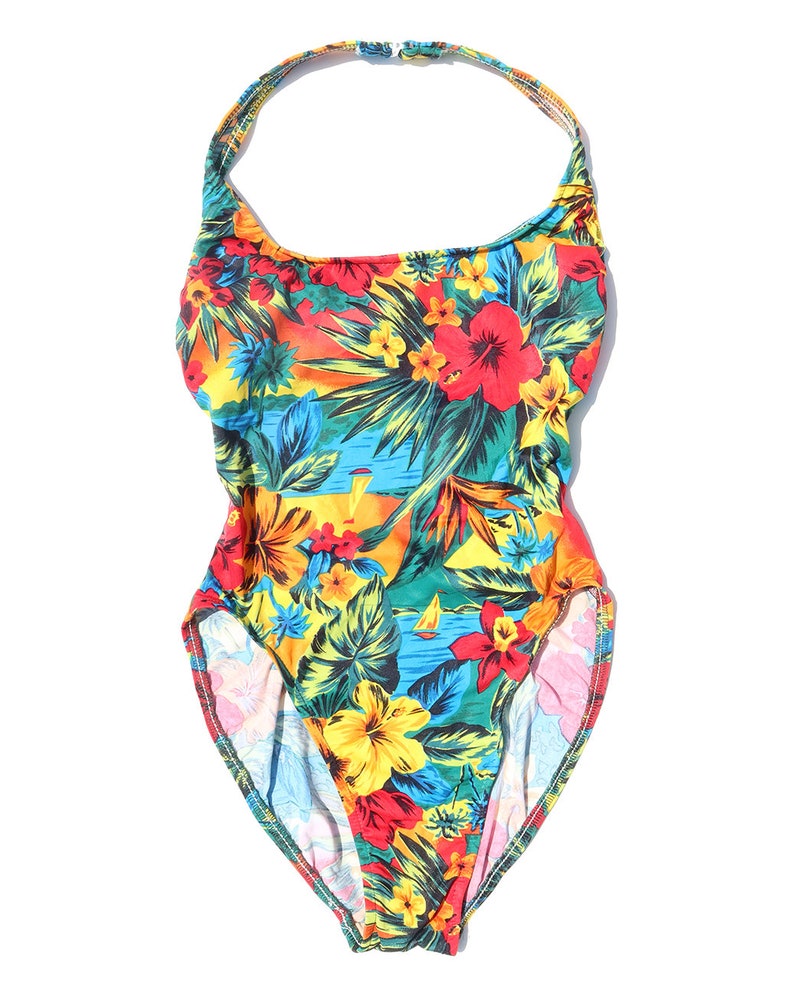 90s Vintage Tropical High Cut One Piece Bathing Suit with Tags Sz M image 2