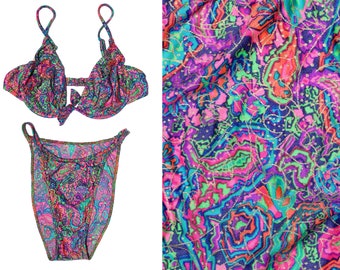 80s Vintage Abstract MultiColored Bikini with high Cut Bottoms Sz M/L D Cup