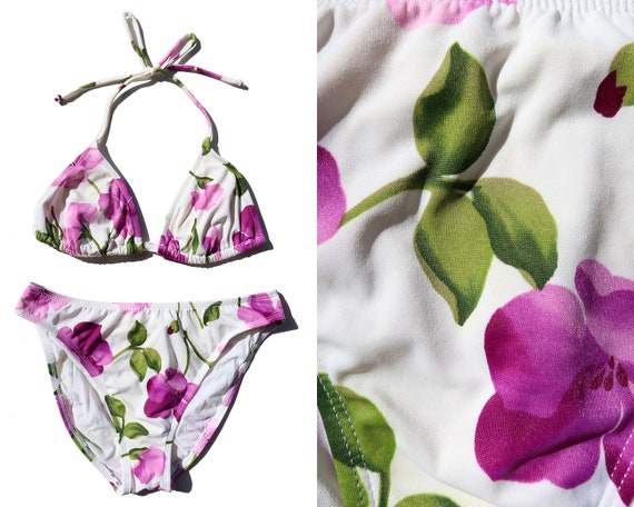 90s Vintage Floral Watercolor Bikini with High Cu… - image 1