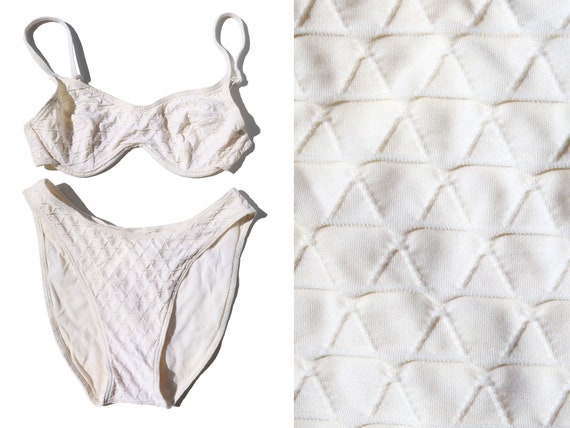 90s Vintage White Textured Bikini with High Cut S… - image 1