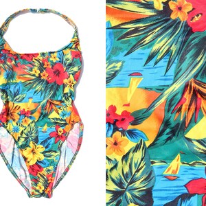 90s Vintage Tropical High Cut One Piece Bathing Suit with Tags Sz M image 1