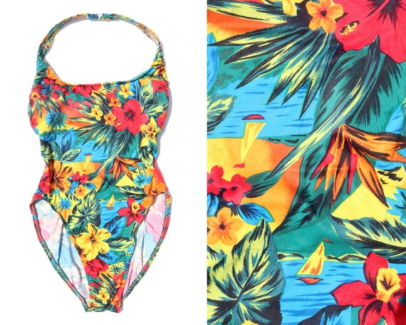 90s Vintage Tropical High Cut One Piece Bathing S… - image 1