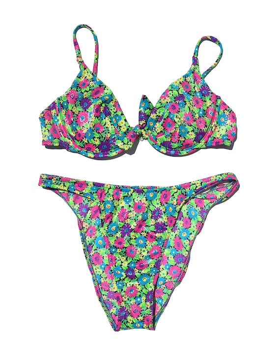 90s Vintage Neon Daisy Bikini with High Cut Botto… - image 2