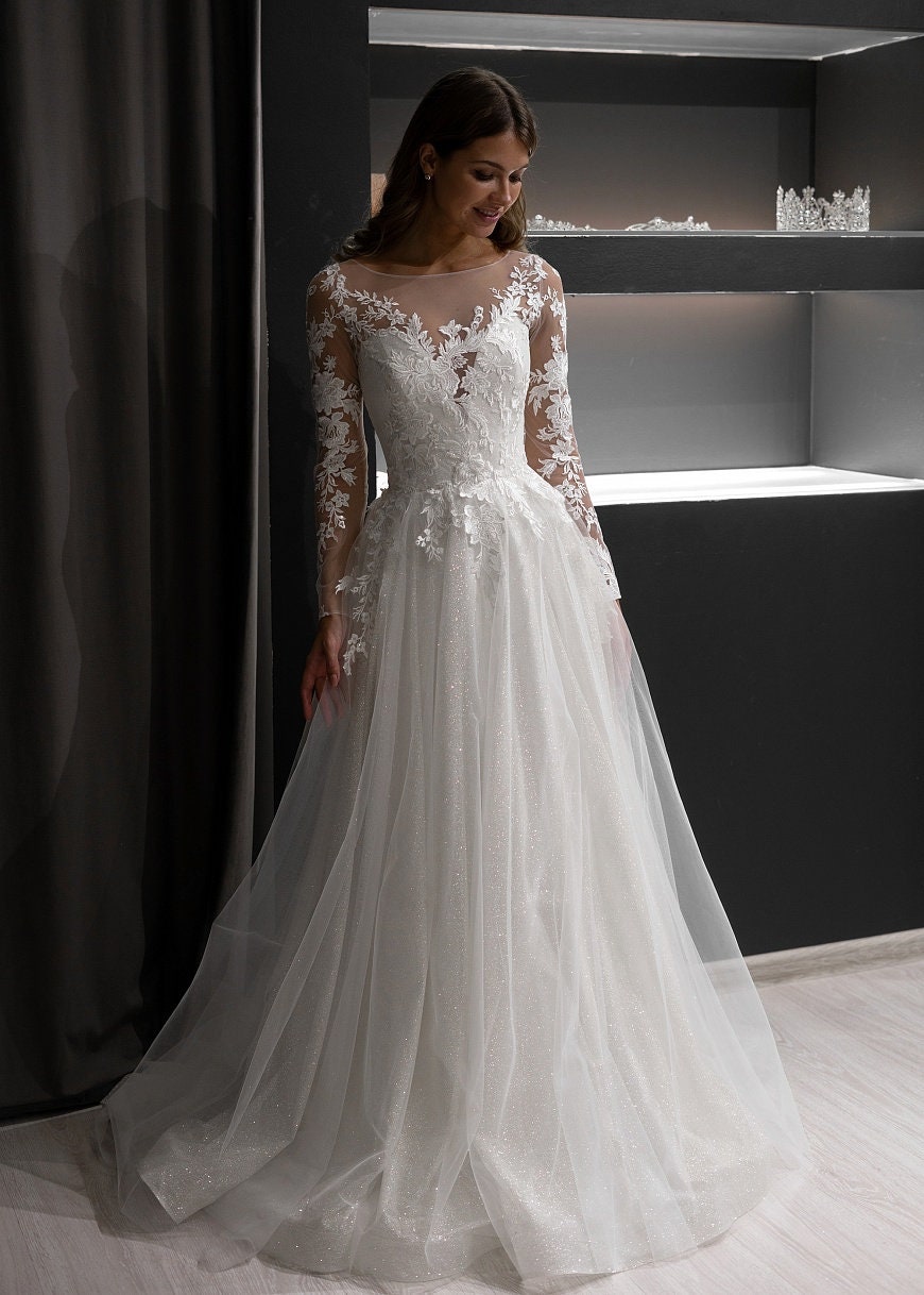 Long sleeve wedding dress IVANEL by Olivia Bottega. Open back. | Etsy