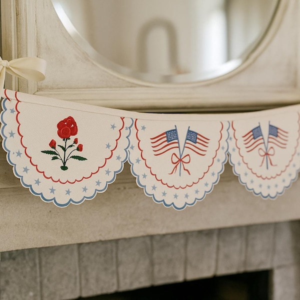 Bannière patriotique imprimable – drapeau vintage et guirlandes florales | Guirlande numérique du 4 juillet | Décoration de fête américaine