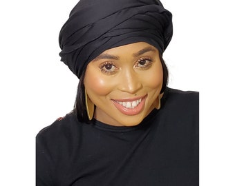 Head Wrap Soft Stretch Jersey Scarf Long Hair Turban Tie Headband HeadWrap for Women in Solid Colors by Jamgal (Black)