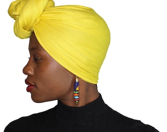 Head Wrap Soft Stretch Jersey Scarf Long Hair Turban Tie Headband HeadWrap for Women in Solid Colors by Jamgal (Bright Yellow)