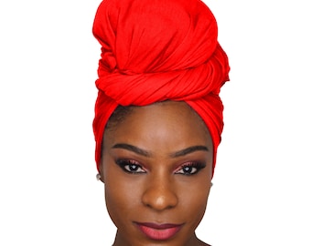 Head Wrap Soft Stretch Jersey Scarf Long Hair Turban Tie Headband HeadWrap for Women in Solid Colors by Jamgal (Red)