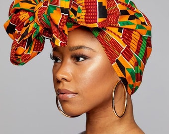 Ankara Headwrap, Scarf, Dashiki African Print Kente Turban Hair Tie (Ghana Kente)