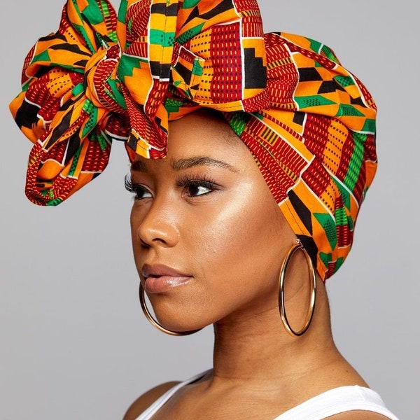 Ankara Headwrap, Scarf, Dashiki African Print Kente Turban Hair Tie (Ghana Kente)