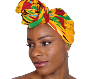 Ankara Headwrap and Scarf Dashiki African Print Kente Hair Tie Hair Wrap (Red - Yellow - Green)