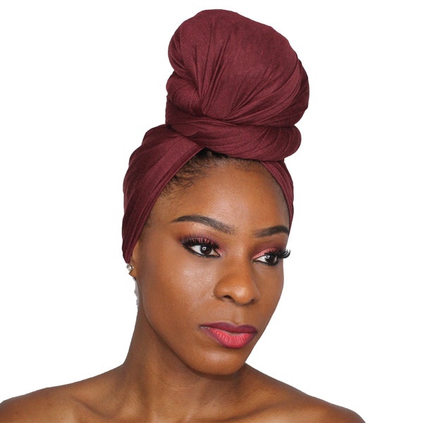 Head Wrap Soft Stretch Jersey Scarf Long Hair Turban Tie Headband HeadWrap for Women in Solid Colors by Jamgal (Burgundy Brown)