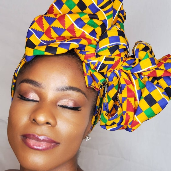 Ankara Headwrap und Schal Dashiki African Print Kente (Blau Gold und Rot Turban Haargummi)