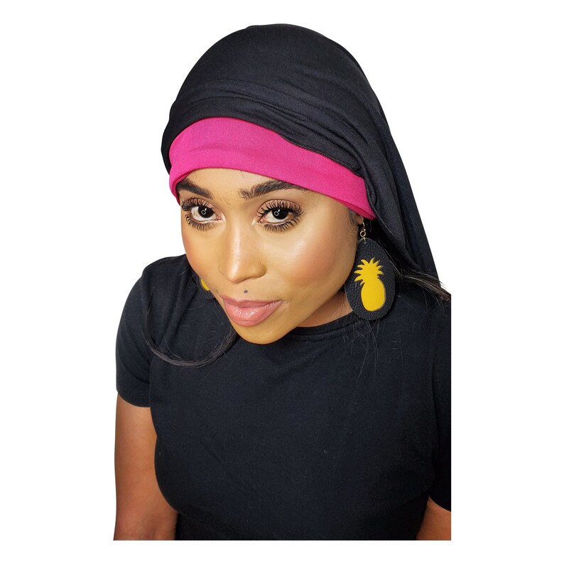 Head Wrap Soft Stretch Jersey Scarf Long Hair Turban Tie Headband HeadWrap for Women in Solid Colors par Jamgal Hot pink Fuscia image 4