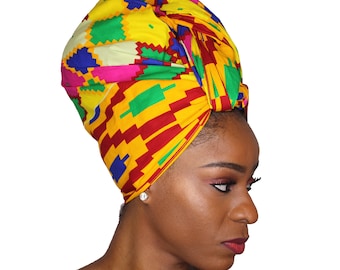 Ankara Headwrap and Scarf Dashiki African Print Kente Hair Tie Wax ( Purple and Yellow )
