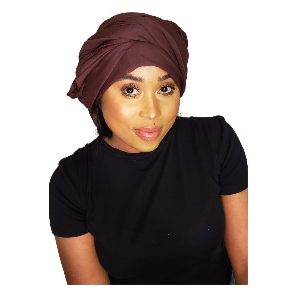 Head Wrap Soft Stretch Jersey Scarf Long Hair Turban Tie Headband HeadWrap for Women in Solid Colors by Jamgal (Brown)