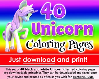 May include: 40 black and white printable unicorn coloring pages. Just download and print! The file includes A4 and Letter sizes.