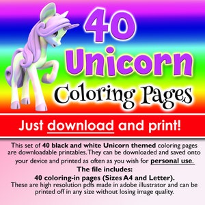 40 unicorn coloring pages - NEW printable unicorn coloring pages with butterflies and flowers. Digital Download.
