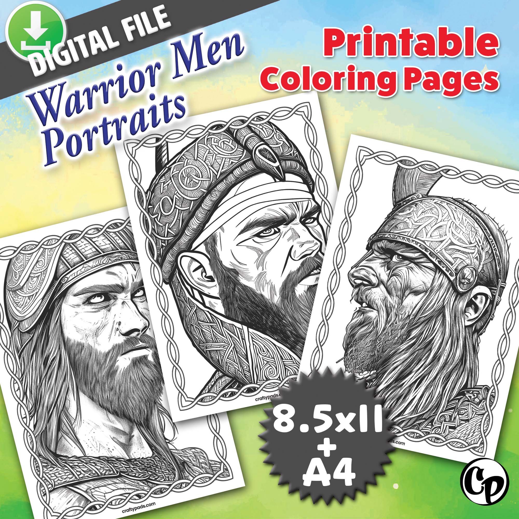 20 Warrior Men Portraits Coloring Pages. Viking & Spartan Warriors
