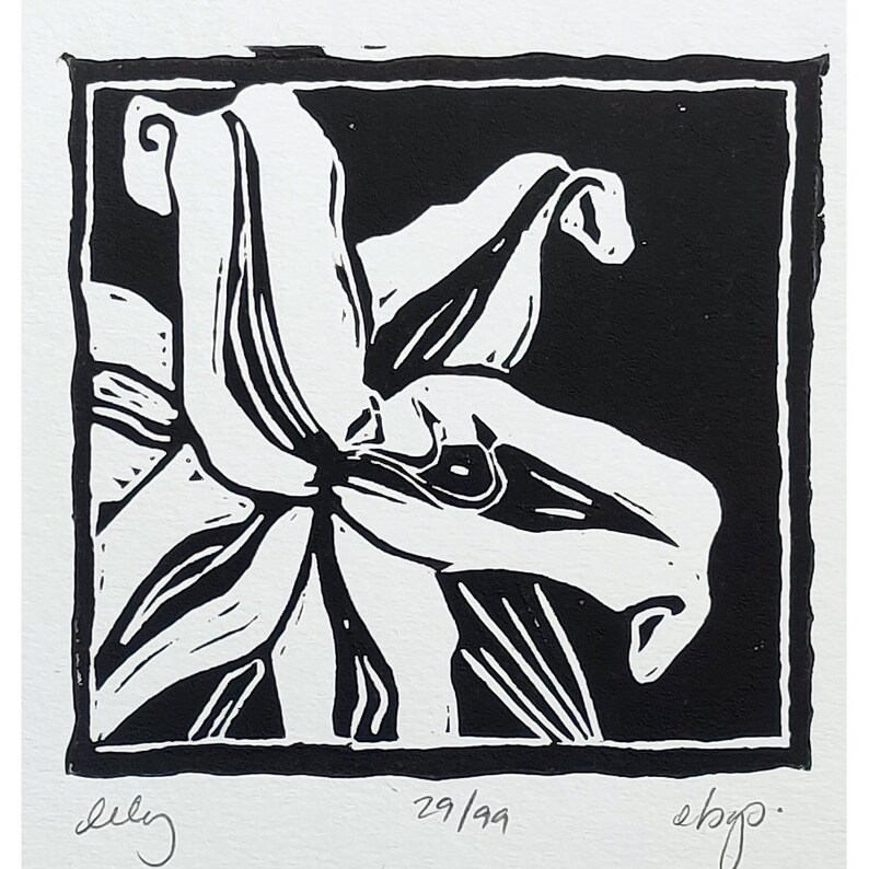 BOUQUET FLORA: 4 Varieties LINOPRINT, Linocut, Flowers, Rose, Baby's Breath, Gypsophila, Carnation, Lily, Blockprint, Original, Black image 5