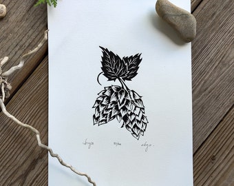 BEER & WINE | Hops, Grapes, Lino, Linocut, Linoprint, Nature, Blockprint, Original, Black