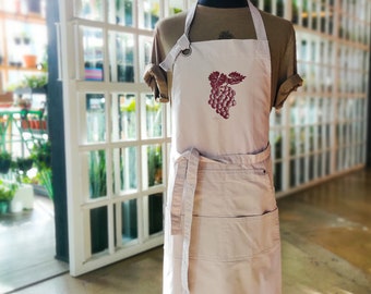 APRON Grapes | Handprinted, Cotton, Pockets, Adjustable, Unisex, Gray Color, Blockprinted Wearable Art