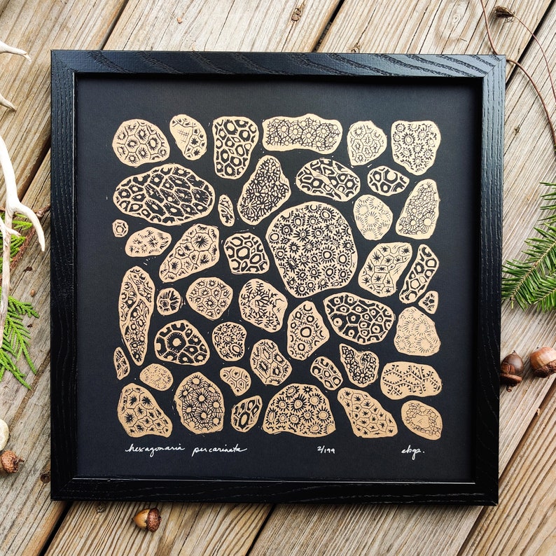 PETOSKEY STONES Lino, Linocut, Linoprint, Blockprint, Black Ink, Gold Ink, Blockprint, Original image 1