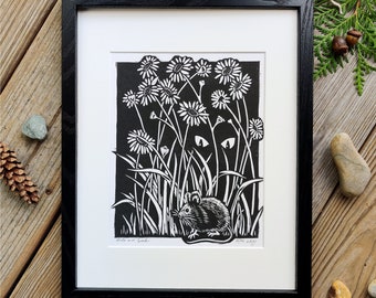 CAT & MOUSE | Lino, Linocut, Linoprint, Cat, Mouse, Meadow, Flowers, Blockprint, Black, Handmade, Original