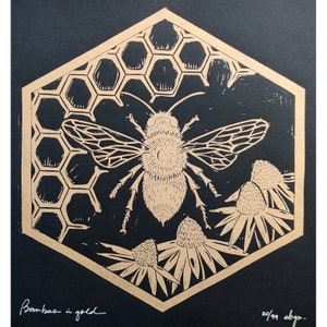 BEE Lino, Linocut, Linoprint, Blockprint, Bumblebee, Black Ink, Gold Ink, Blockprint, Original image 2