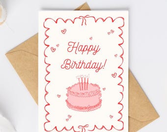 Coquette Birthday Card Printable – Pink Bow Birthday Card – Cute Cake Birthday Card – Feminine Birthday Card – Instant Digital Download