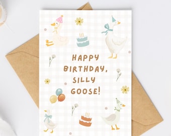 Tarjeta de cumpleaños de ganso divertida imprimible, tarjeta de cumpleaños de ganso linda, tarjeta de cumpleaños de cuadros, tarjeta de cumpleaños de animales divertida, descarga digital instantánea