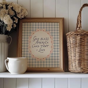 Cottagecore Americana Print, Blue Gingham Lace "God Bless America" Wall Art (Digital Download)