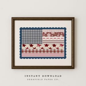 May include: A framed print depicting a patchwork American flag design. The flag incorporates a blue gingham field, floral and striped sections, red stars, and a scalloped border. The text "INSTANT DOWNLOAD" and "DEERFIELD PAPER CO." are at the bottom.