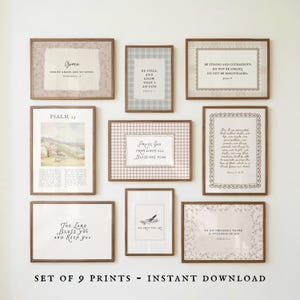 May include: A collection of nine framed prints with religious quotes and artwork. The frames are brown, and the prints feature floral and landscape designs. The text includes phrases like "Grace" and "Praise God". The text "SET OF 9 PRINTS - INSTANT DOWNLOAD" is at the bottom.