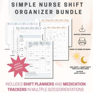 Omvårdnadsplanerare, paket för sjuksköterskeskiftplanerare och medicinspårare, omvårdnad, utskrivbar 12-timmarsskiftorganisering, sjuksköterskehjärnblad, digital nedladdning
